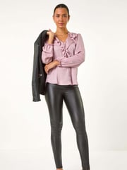 Roman Pink Light Satin Ruffle Front V-Neck Top - Image 5 of 5