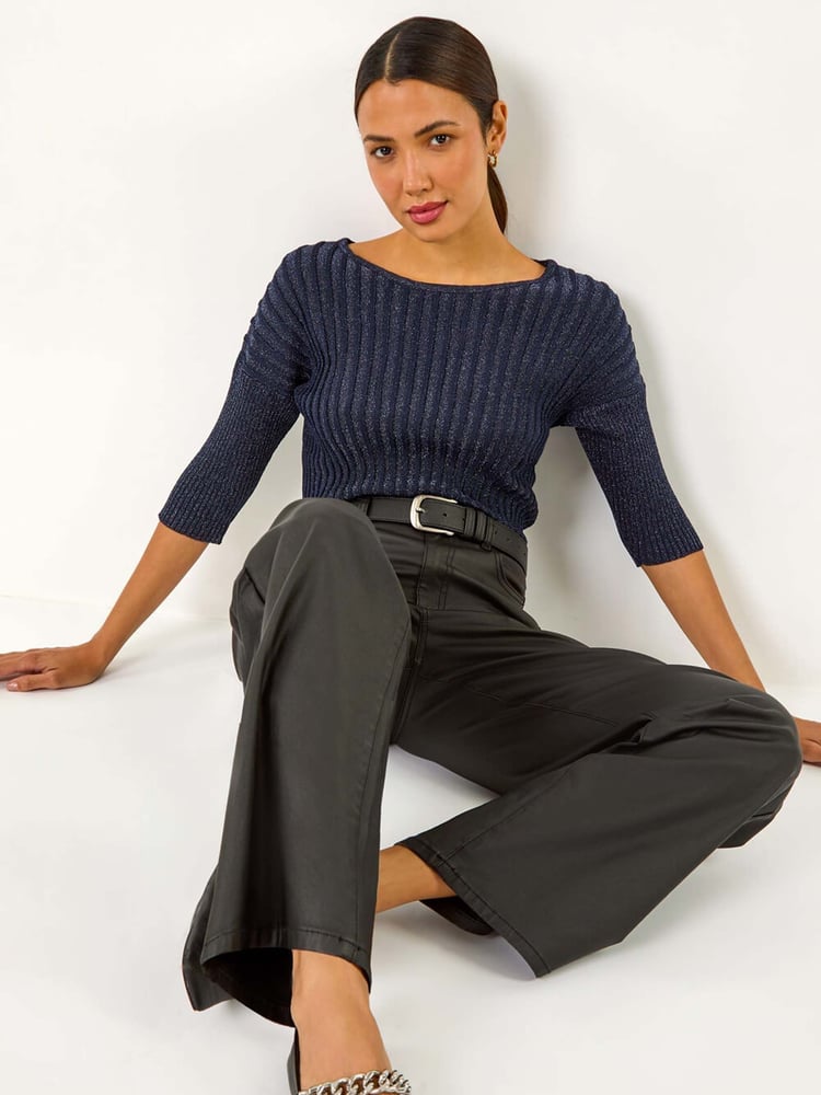 Roman Blue Shimmer Ribbed Knitted Jumper - Image 1 of 6