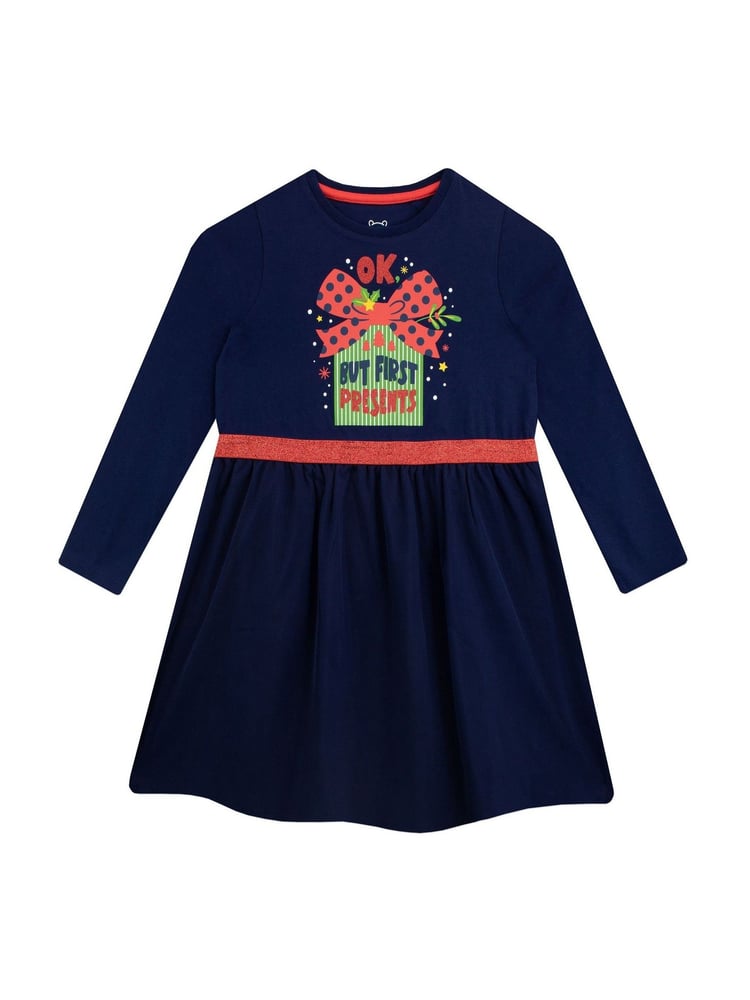 Harry Bear Blue Christmas Party Long Sleeve Glitter 100% Cotton Dress - Image 1 of 2