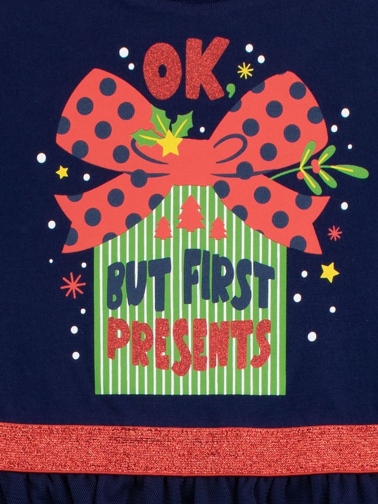 Harry Bear Blue Christmas Party Long Sleeve Glitter 100% Cotton Dress - Image 2 of 2