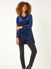 Roman Blue Velvet Cowl Neck Stretch Top - Image 2 of 5