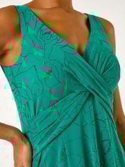 Roman Green Floral Print Glitter Midi Stretch Dress - Image 2 of 5