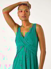 Roman Green Floral Print Glitter Midi Stretch Dress - Image 3 of 5