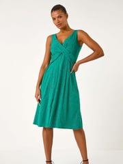 Roman Green Floral Print Glitter Midi Stretch Dress - Image 4 of 5