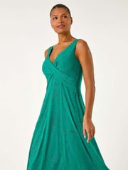 Roman Green Floral Print Glitter Midi Stretch Dress - Image 5 of 5
