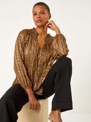 Roman Metallic Tie Front Animal Print Blouse - Image 1 of 5