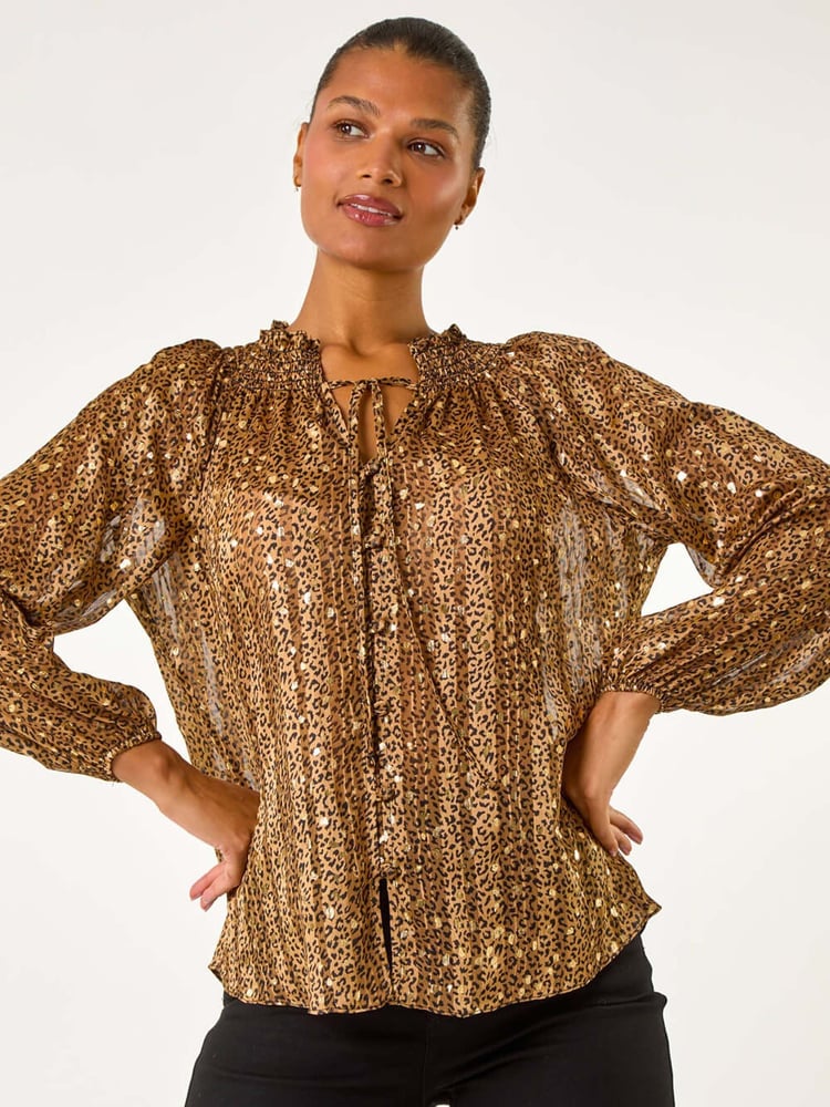 Roman Metallic Tie Front Animal Print Blouse - Image 2 of 5