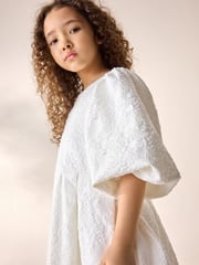 Cream Textured Puff Sleeve Occasion Dress (3-16yrs) - Image 4 of 6