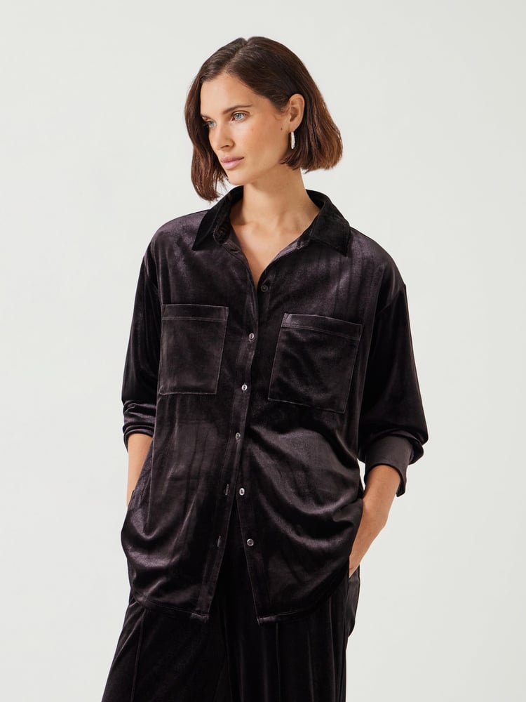 Hush Brown Oversized Hadley Velvet Shirt - Image 1 of 5