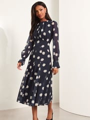 Lipsy Navy Spot Petite Long Sleeve Gathered Waist Midi Dress - Image 1 of 4