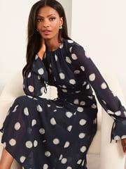 Lipsy Navy Spot Petite Long Sleeve Gathered Waist Midi Dress - Image 3 of 4