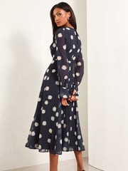 Lipsy Navy Spot Petite Long Sleeve Gathered Waist Midi Dress - Image 4 of 4