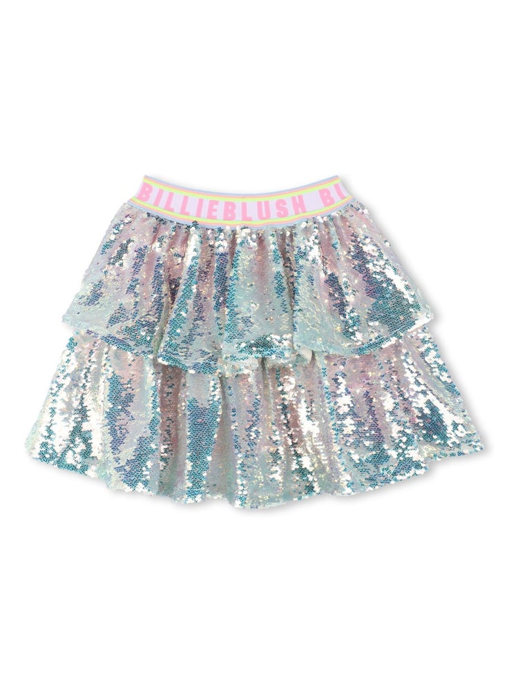 Billieblush Silver Iridescent Sequin Rara Party Skirt With Logo Waistband - Image 1 of 2 Billieblush Silver Iridescent Sequin Rara Party Skirt With Logo Waistband - Image 1 of 2
