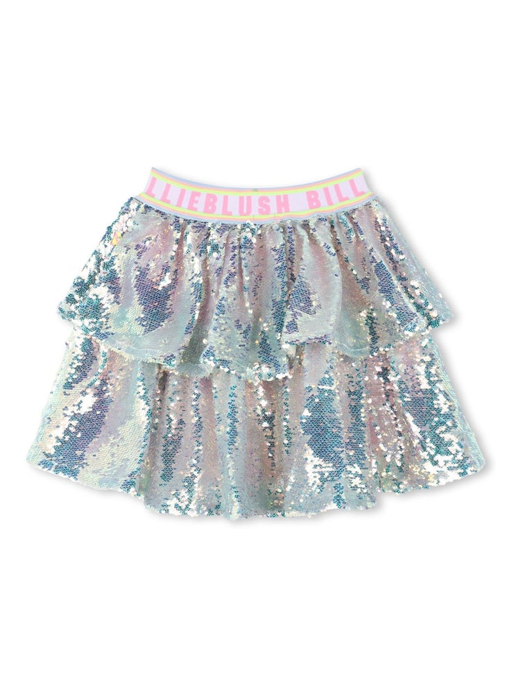 Billieblush Silver Iridescent Sequin Rara Party Skirt With Logo Waistband - Image 2 of 2 Billieblush Silver Iridescent Sequin Rara Party Skirt With Logo Waistband - Image 2 of 2