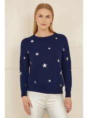 Yumi Blue Relaxed Fit Foil Star Print Jumper - Image 1 of 5