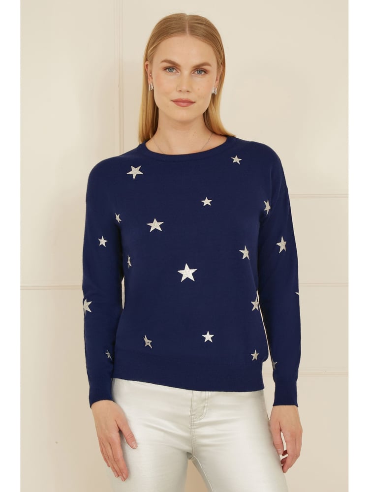 Yumi Blue Relaxed Fit Foil Star Print Jumper - Image 1 of 5