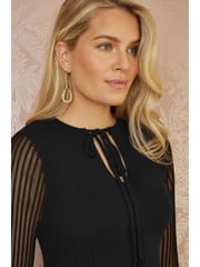 Yumi Black Rib Knit Fitted Dress With Sheer Sleeve Design - Image 3 of 5