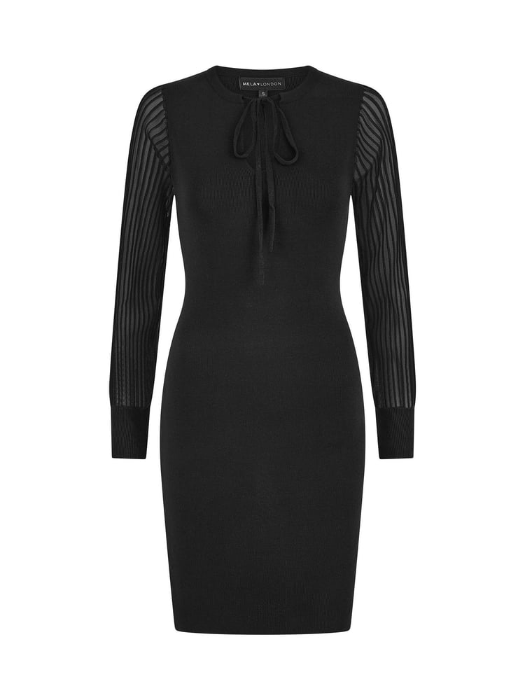 Yumi Black Rib Knit Fitted Dress With Sheer Sleeve Design - Image 5 of 5