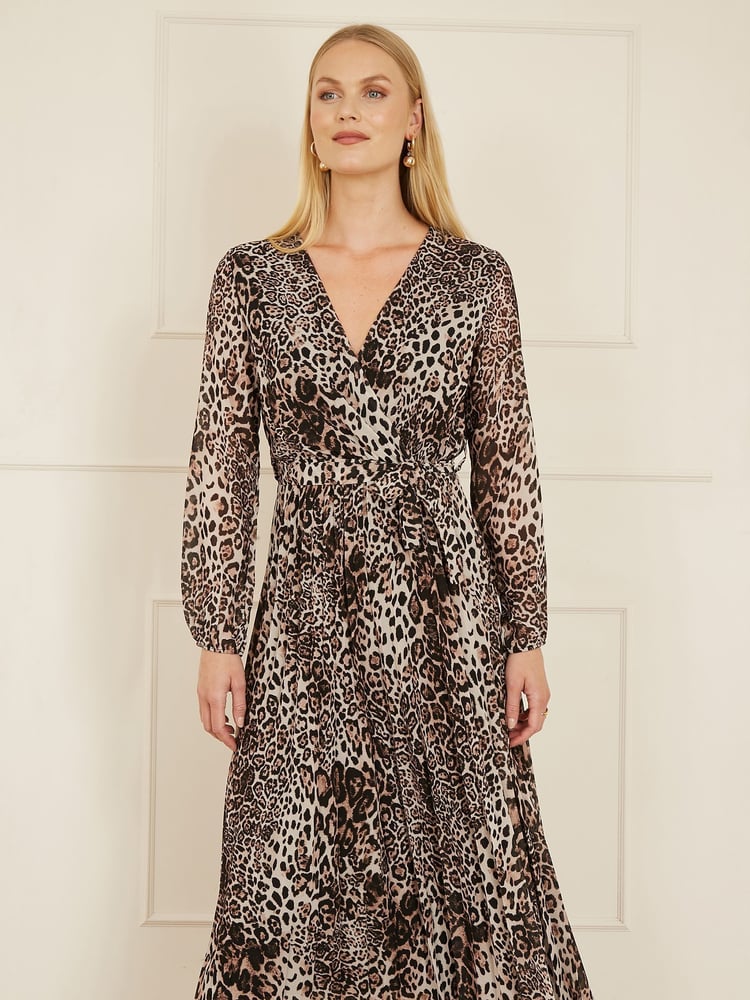 Yumi Brown Leopard Print Pleated Long Sleeve Wrap Midi Dress - Image 1 of 5