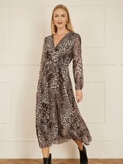 Yumi Brown Leopard Print Pleated Long Sleeve Wrap Midi Dress - Image 2 of 5
