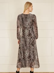 Yumi Brown Leopard Print Pleated Long Sleeve Wrap Midi Dress - Image 4 of 5