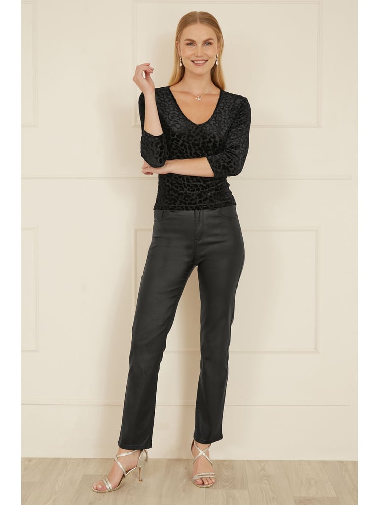 Yumi Black Velvet Leopard Print V-Neck Top - Image 2 of 4