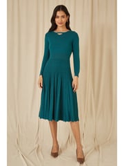 Yumi Blue Knitted Pleated Skater Dress With Notch Neckline - Image 2 of 5