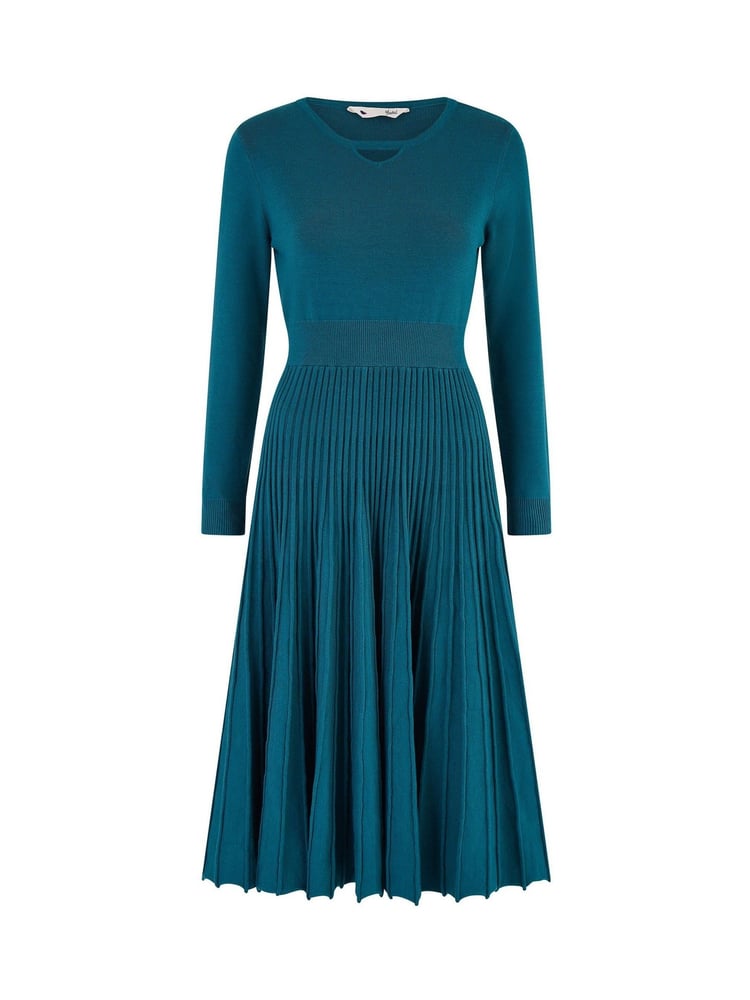 Yumi Blue Knitted Pleated Skater Dress With Notch Neckline - Image 5 of 5