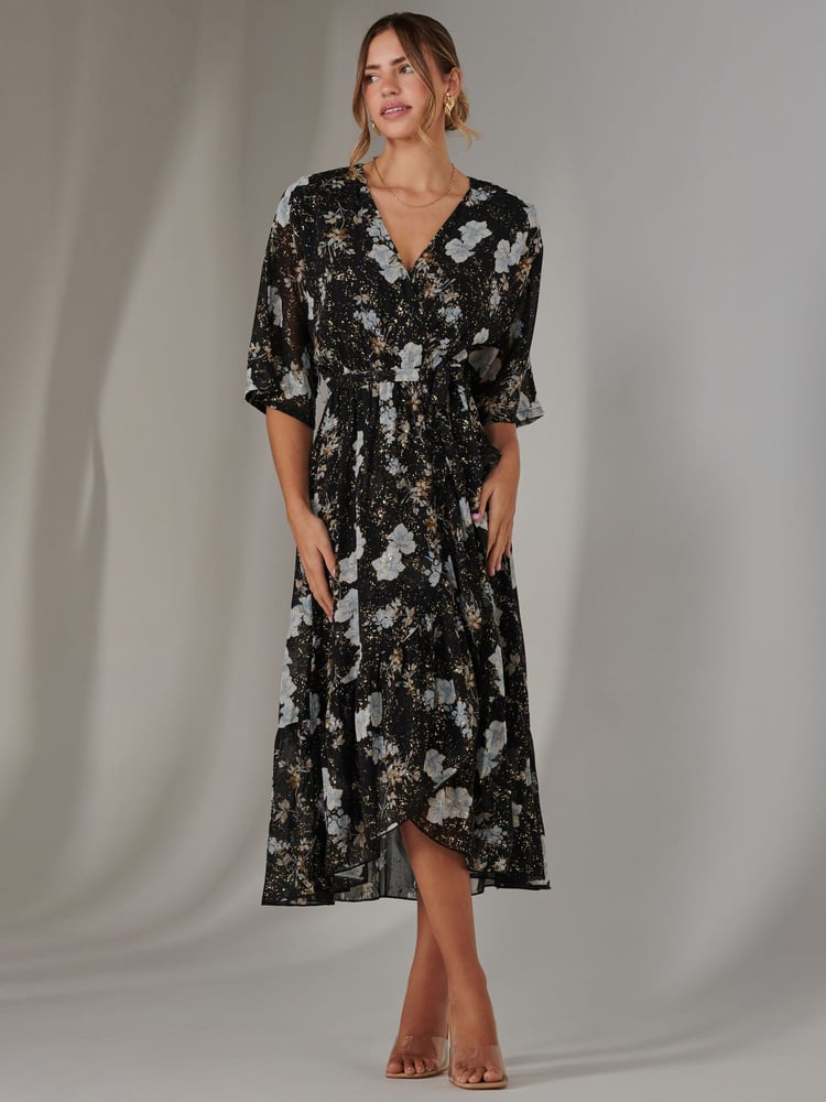 Jolie Moi Black Rita Ruffle Hem Chiffon Midi Dress - Image 6 of 6