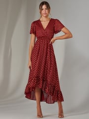Jolie Moi Red Chiffon Short Sleeve Midaxi Dress - Image 1 of 6