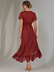 Jolie Moi Red Chiffon Short Sleeve Midaxi Dress - Image 2 of 6