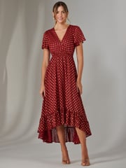Jolie Moi Red Chiffon Short Sleeve Midaxi Dress - Image 4 of 6