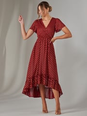 Jolie Moi Red Chiffon Short Sleeve Midaxi Dress - Image 6 of 6