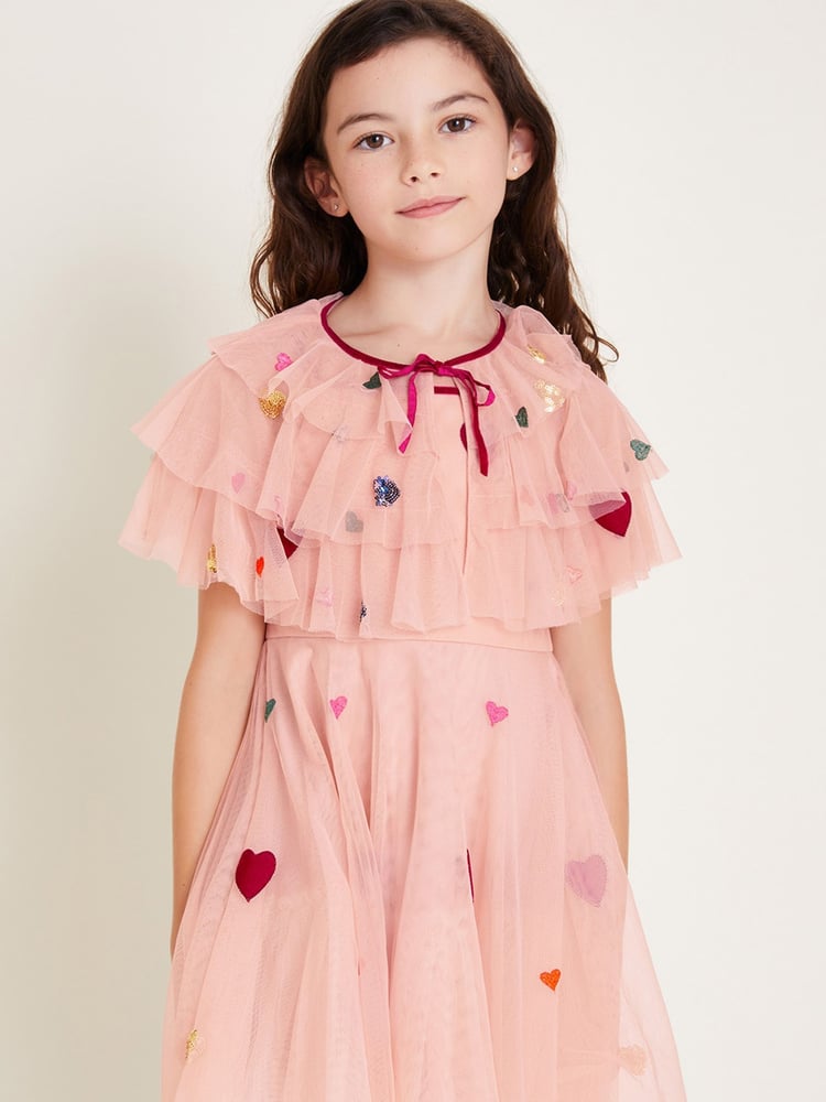 Monsoon Pink Applique Heart Ruffle Cape - Image 1 of 1