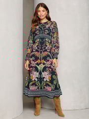 Lipsy Black Petite Leopard Print Long Sleeve Woven Underbust Midi Dress - Image 1 of 4
