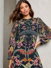 Lipsy Black Petite Leopard Print Long Sleeve Woven Underbust Midi Dress - Image 2 of 4