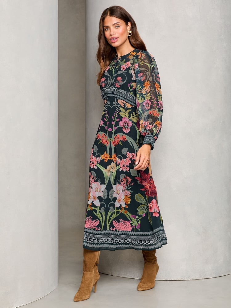 Lipsy Black Petite Leopard Print Long Sleeve Woven Underbust Midi Dress - Image 4 of 4
