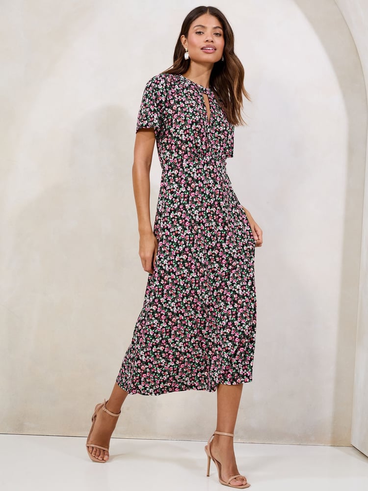 Lipsy Pink Ditsy Printed Short Sleeve Keyhole Jersey Midi Dress - Image 1 of 4