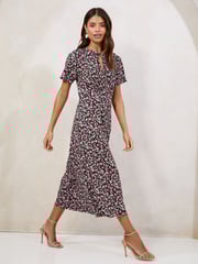 Lipsy Pink Ditsy Printed Short Sleeve Keyhole Jersey Midi Dress - Image 3 of 4