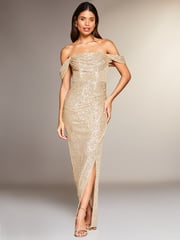 Lipsy Gold Sequin Bardot Split Drape Maxi Dress - Image 1 of 8