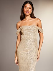 Lipsy Gold Sequin Bardot Split Drape Maxi Dress - Image 2 of 8