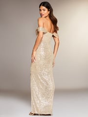 Lipsy Gold Sequin Bardot Split Drape Maxi Dress - Image 5 of 8