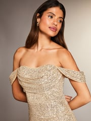 Lipsy Gold Sequin Bardot Split Drape Maxi Dress - Image 7 of 8