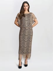 Gina Bacconi Arleen Long Blouson Fringe Hem Dress - Image 1 of 5