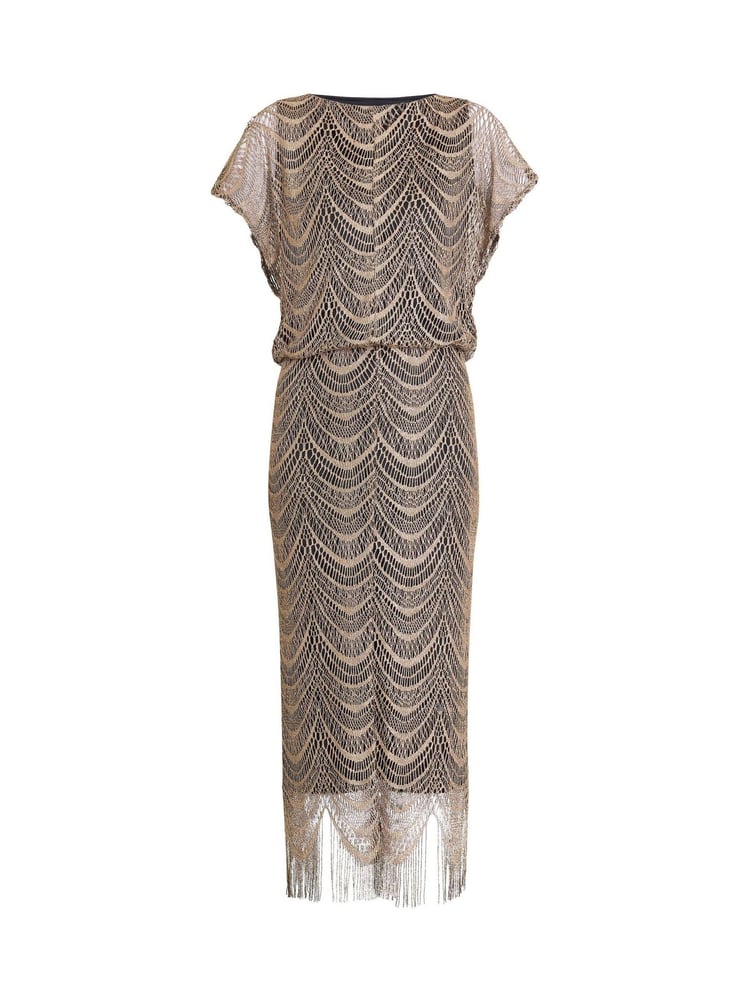 Gina Bacconi Arleen Long Blouson Fringe Hem Dress - Image 5 of 5