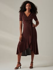 Jolie Moi Red Metallic Tie Waist Wrapped Maxi Dress - Image 1 of 6