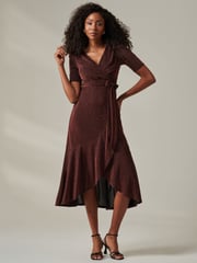 Jolie Moi Red Metallic Tie Waist Wrapped Maxi Dress - Image 5 of 6