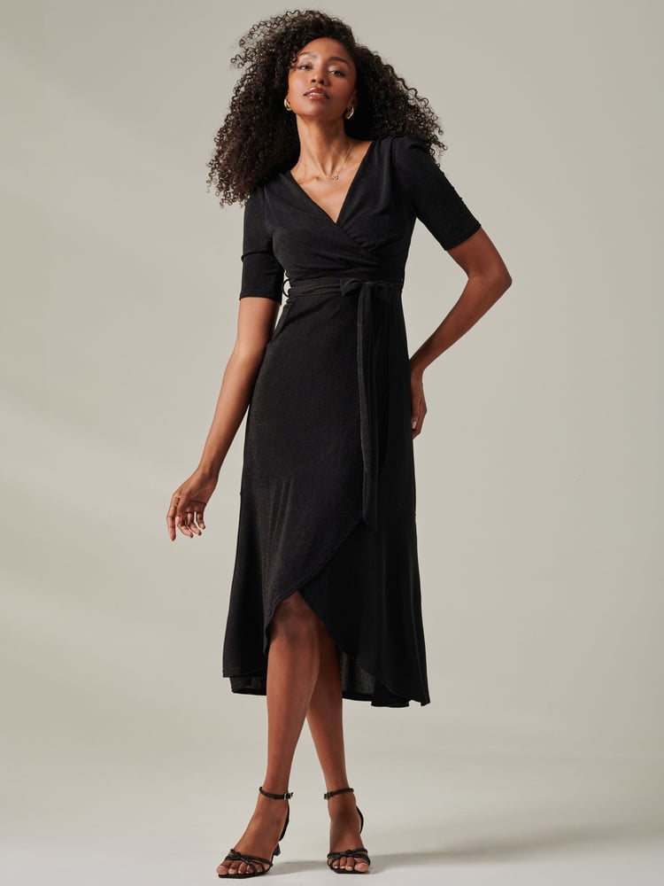Jolie Moi Black Metallic Tie Waist Wrapped Maxi Dress - Image 6 of 6