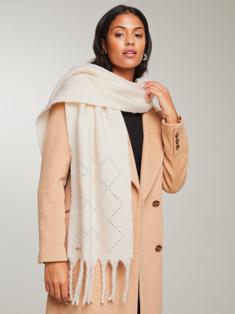 Lipsy Cream Cosy Embellished Argyle Brushed Scarf - Image 1 of 4 Lipsy Cream Cosy Embellished Argyle Brushed Scarf - Image 1 of 4