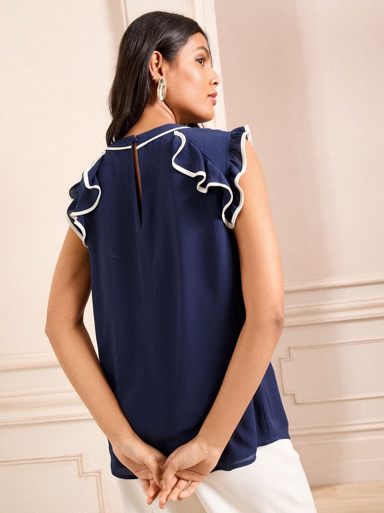 Marineblau - Love & Roses Short Sleeve Ruffle Blouse - Bild 4 von 4